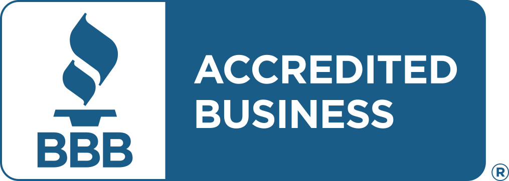 A blue and white logo for accredited business